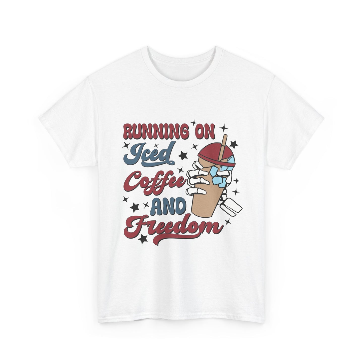 Running on Iced Coffee and Freedom Fourth Of July Unisex Heavy Cotton Tee